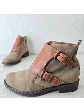 J Crew Ankle Bootie Size 6 Brown Green Canvas Grunge Lagenlook Buckle Shoe Boots